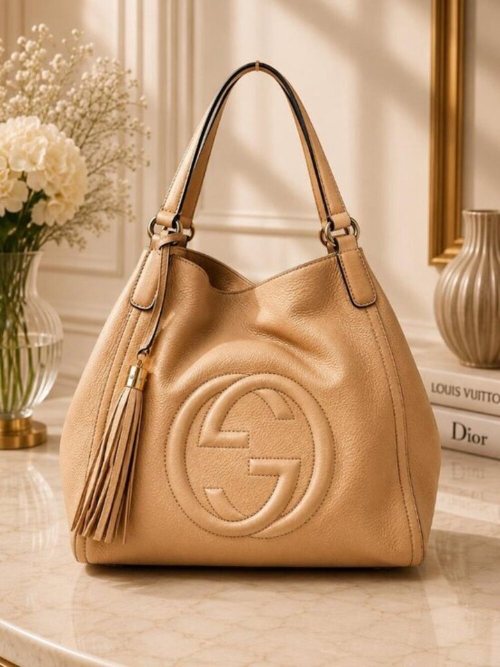 Authentic Gucci Soho Metallic Rose Gold Leather Tote Bag Tassel Shoulder Bag